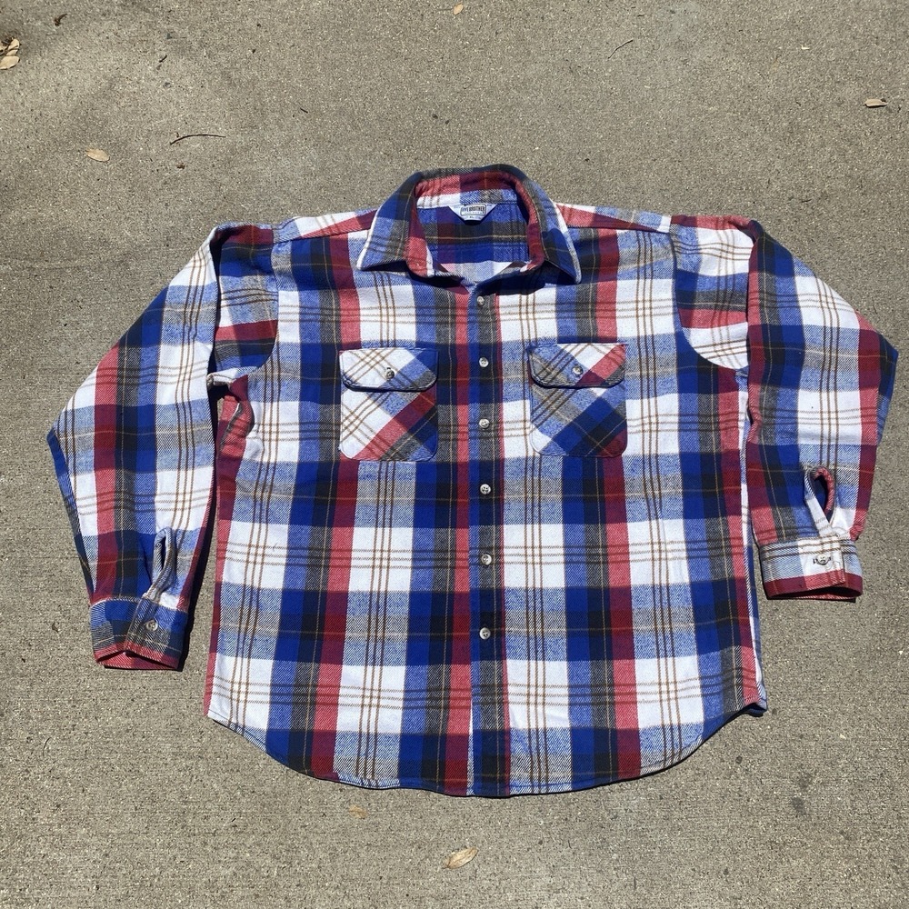 VIntage Five Brother Flannel Made in USA Size XL 17-17.5 Red White Blue Plaid